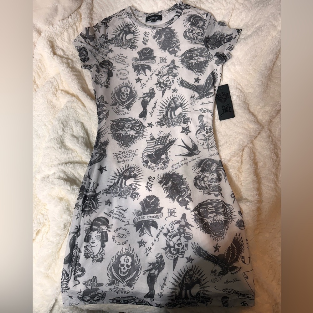 Ed Hardy Black and White Graphic Mini Dress